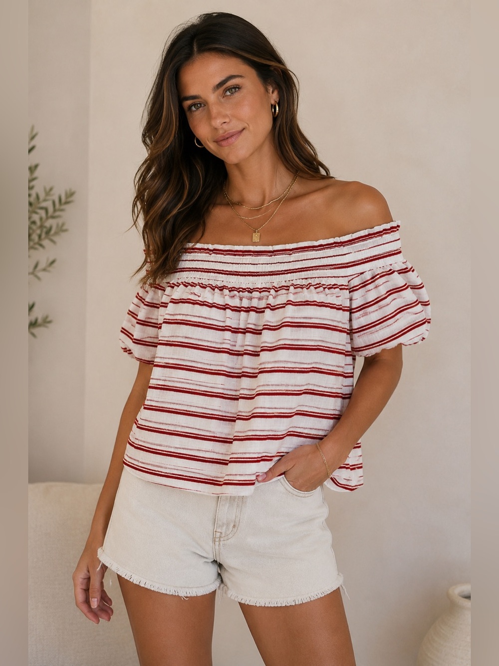 Club Monaco Red Striped Off the Shoulder Top - 12